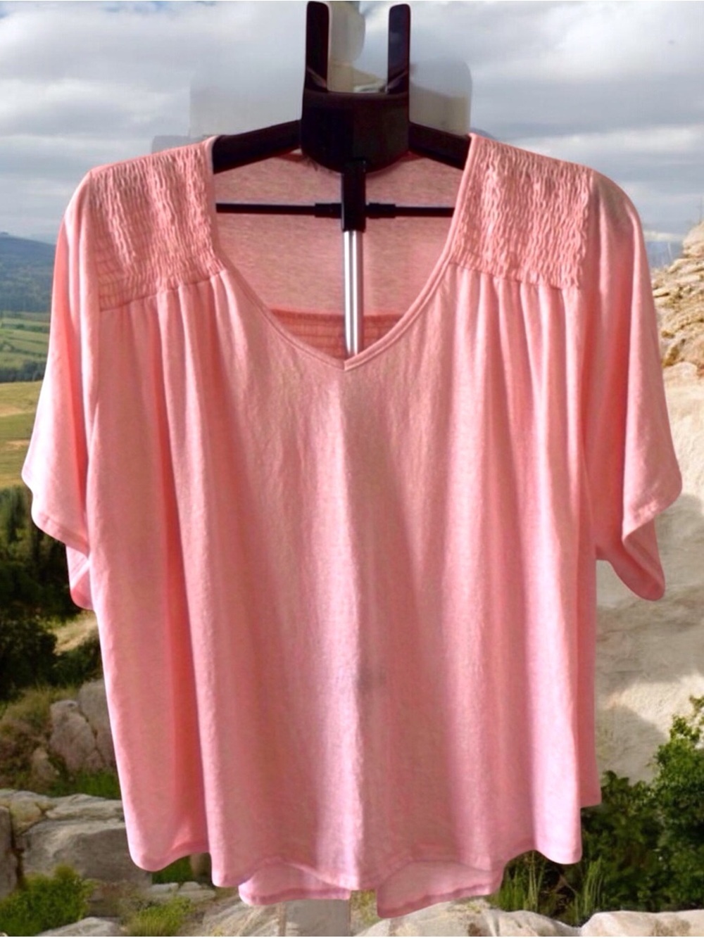 Easel Smocked Yoke Oversized Flutter Top Women's Medium Blush Boho V-Neck